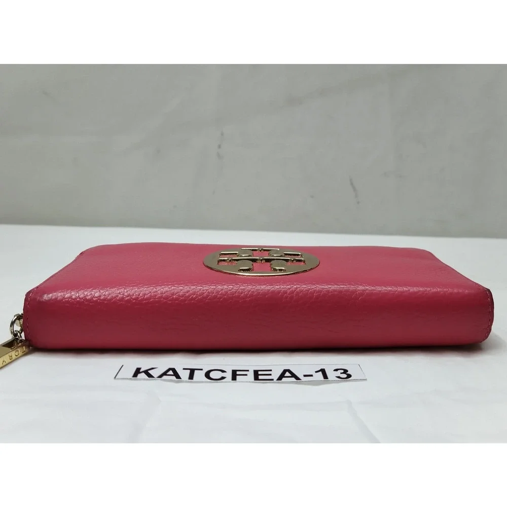 Tory Burch Pink Pebbled Leather Zip Around Credit Card Wallet